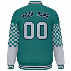Aqua Gray-Navy Checkered Color Block Bomber Varsity Jacket 4