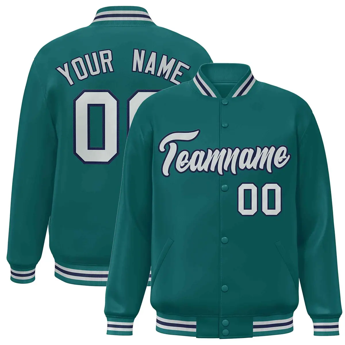 Aqua Gray-Navy Classic Varsity Full-Snap Letterman Jacket