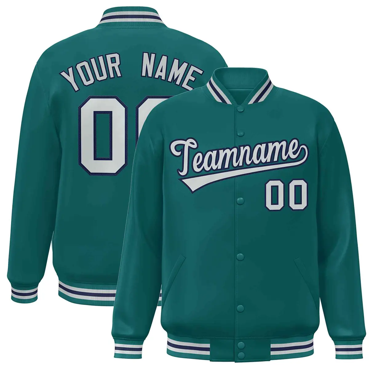 Aqua Gray-Navy Classic Varsity Full-Snap Letterman Jacket