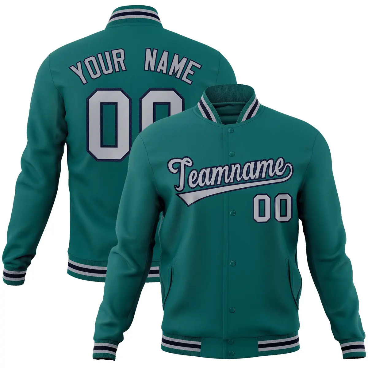 Aqua Gray-Navy Classic Varsity Full-Snap Letterman Jacket