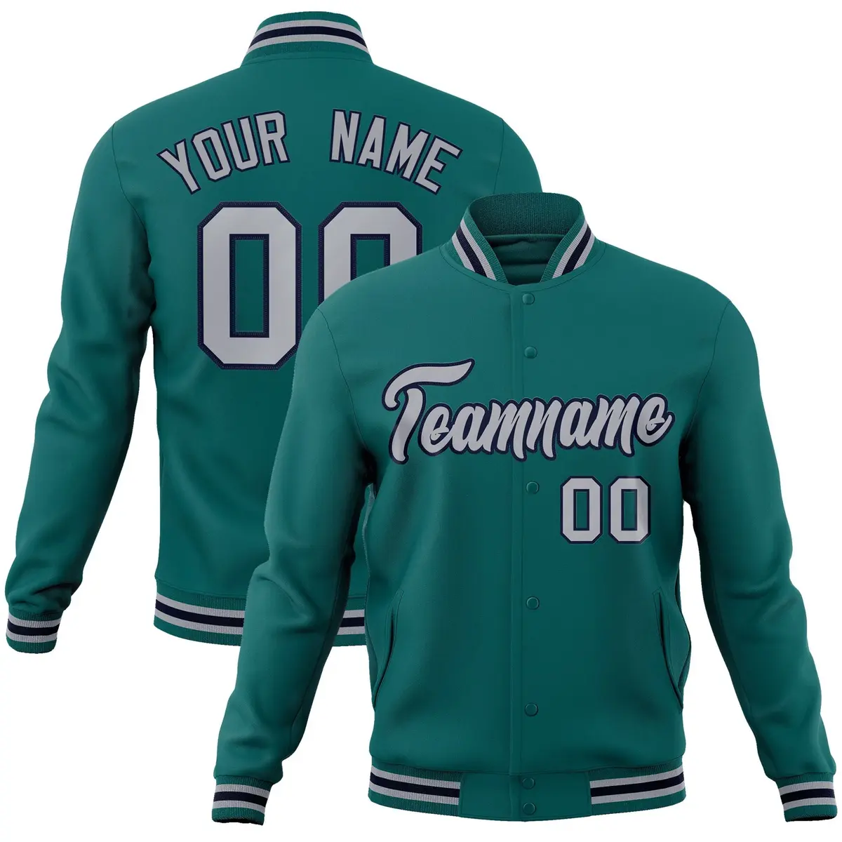 Aqua Gray-Navy Classic Varsity Full-Snap Letterman Jacket