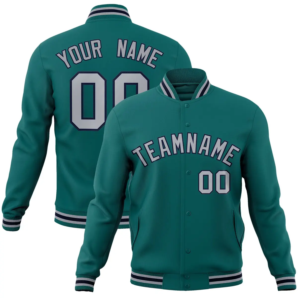 Aqua Gray-Navy Classic Varsity Full-Snap Letterman Jacket