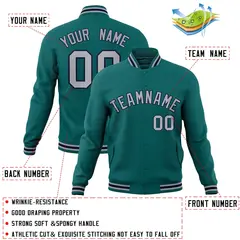 Aqua Gray-Navy Classic Varsity Full-Snap Letterman Jacket 4