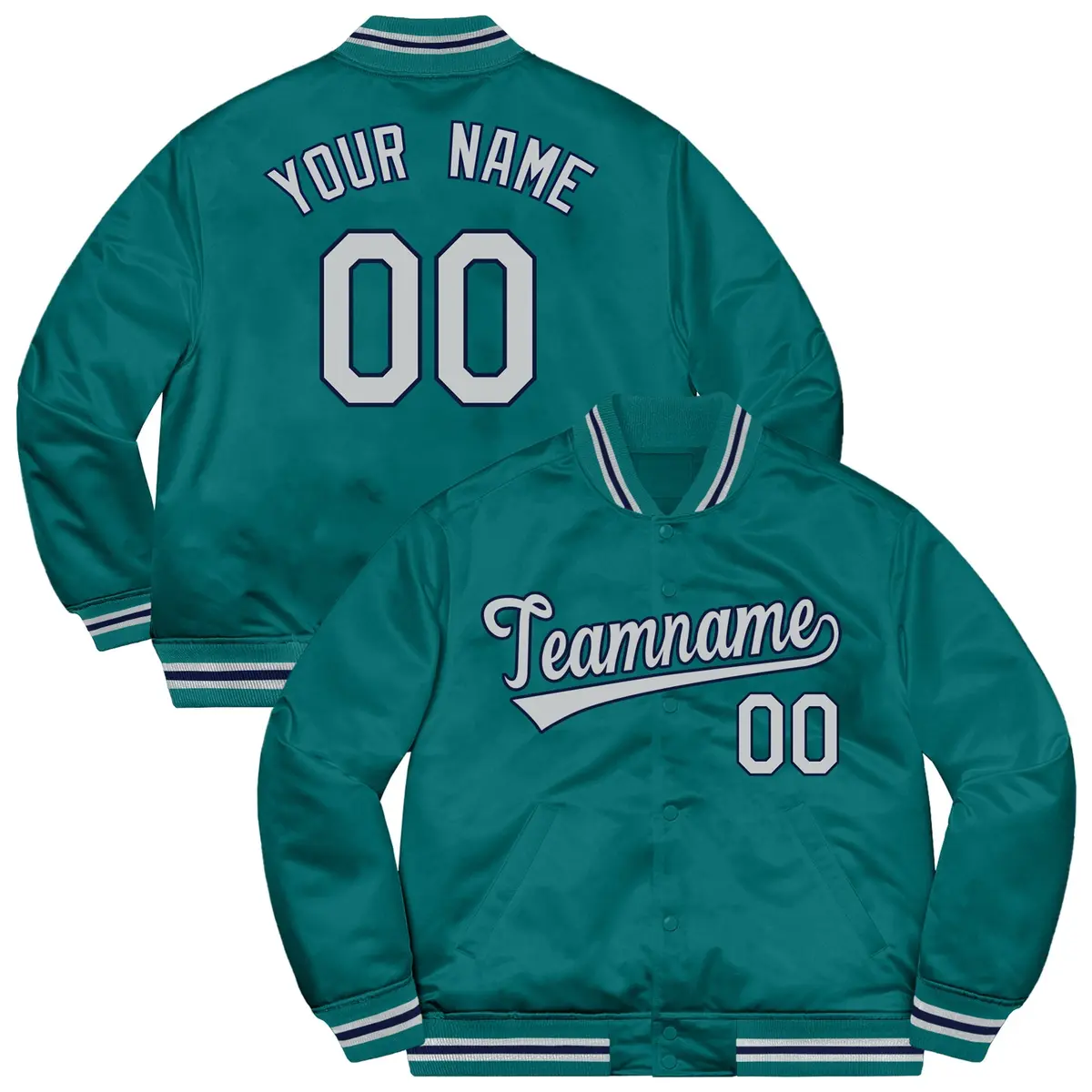 Aqua Gray-Navy Soldier Style Varsity Full-Snap Letterman Jacket