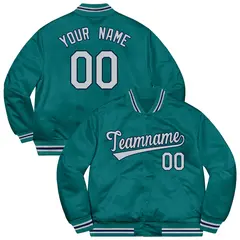Aqua Gray-Navy Soldier Style Varsity Full-Snap Letterman Jacket