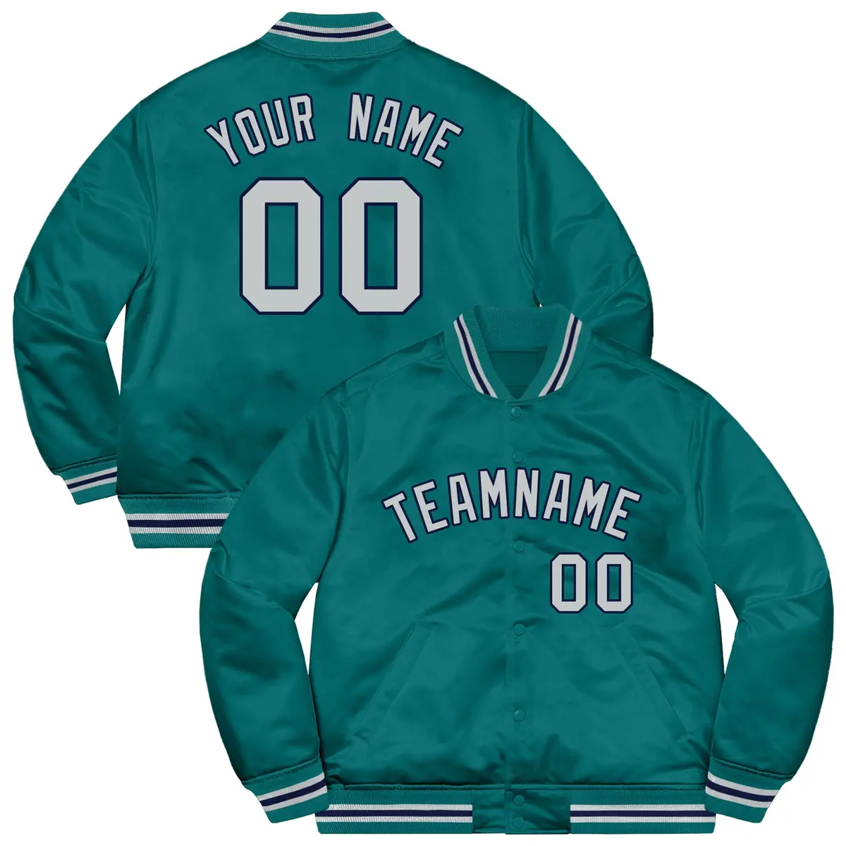 Aqua Gray-Navy Soldier Style Varsity Full-Snap Letterman Jacket
