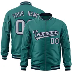 Aqua Gray-Navy Varsity Full-Zip Letterman Bomber Jacket 1