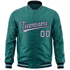 Aqua Gray-Navy Varsity Full-Zip Letterman Bomber Jacket 3