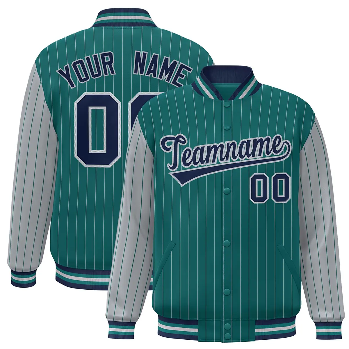 Aqua Gray Pinstripe Raglan Varsity Letterman Baseball Jacket