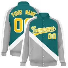 Aqua Gray Raglan Varsity Full-Snap Letterman Baseball Jacket 1