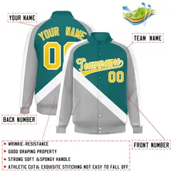 Aqua Gray Raglan Varsity Full-Snap Letterman Baseball Jacket 2