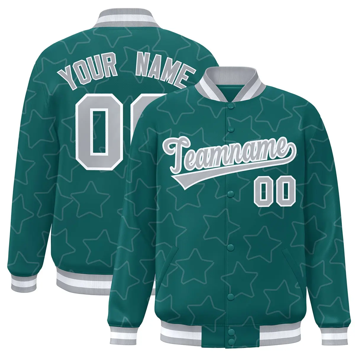 Aqua Gray Star Pattern Varsity Full-Snap Letterman Baseball Jacket