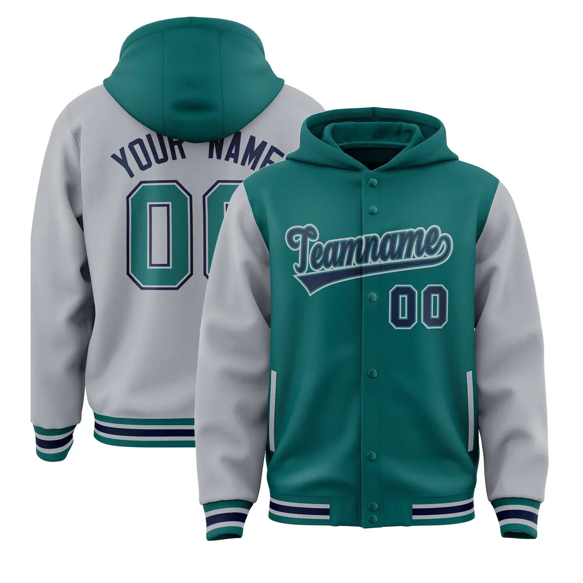Aqua Gray Two Tone Full-Snap Raglan Sleeves Varsity Letterman Jacket Hoodie