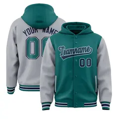 Aqua Gray Two Tone Full-Snap Raglan Sleeves Varsity Letterman Jacket Hoodie 1
