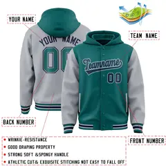 Aqua Gray Two Tone Full-Snap Raglan Sleeves Varsity Letterman Jacket Hoodie 4