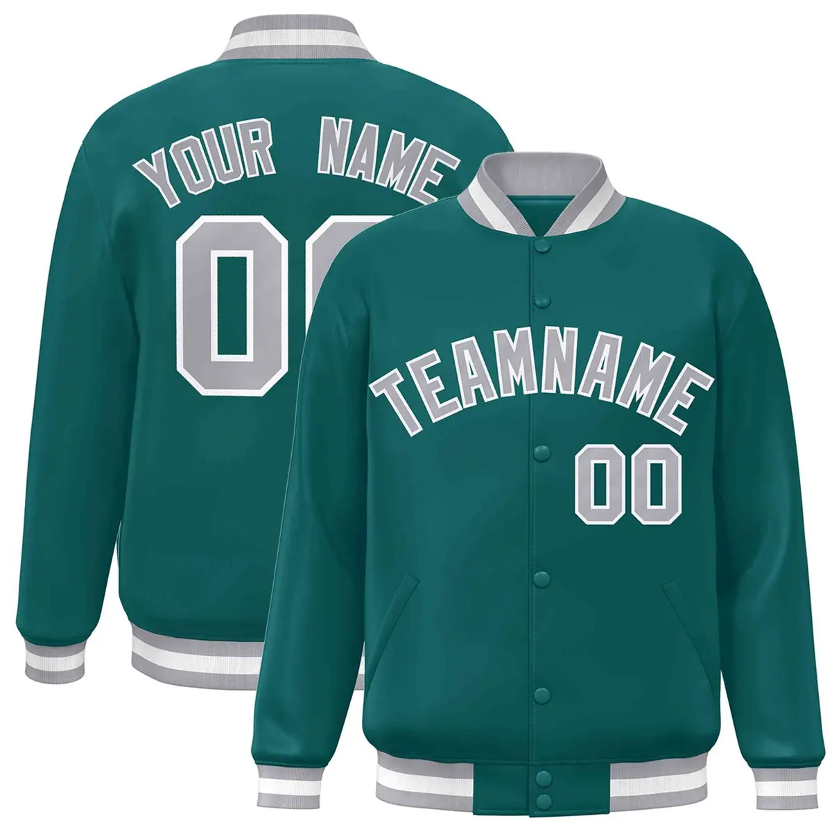 Aqua Gray-White Full-Snap Varsity Letterman Jacket