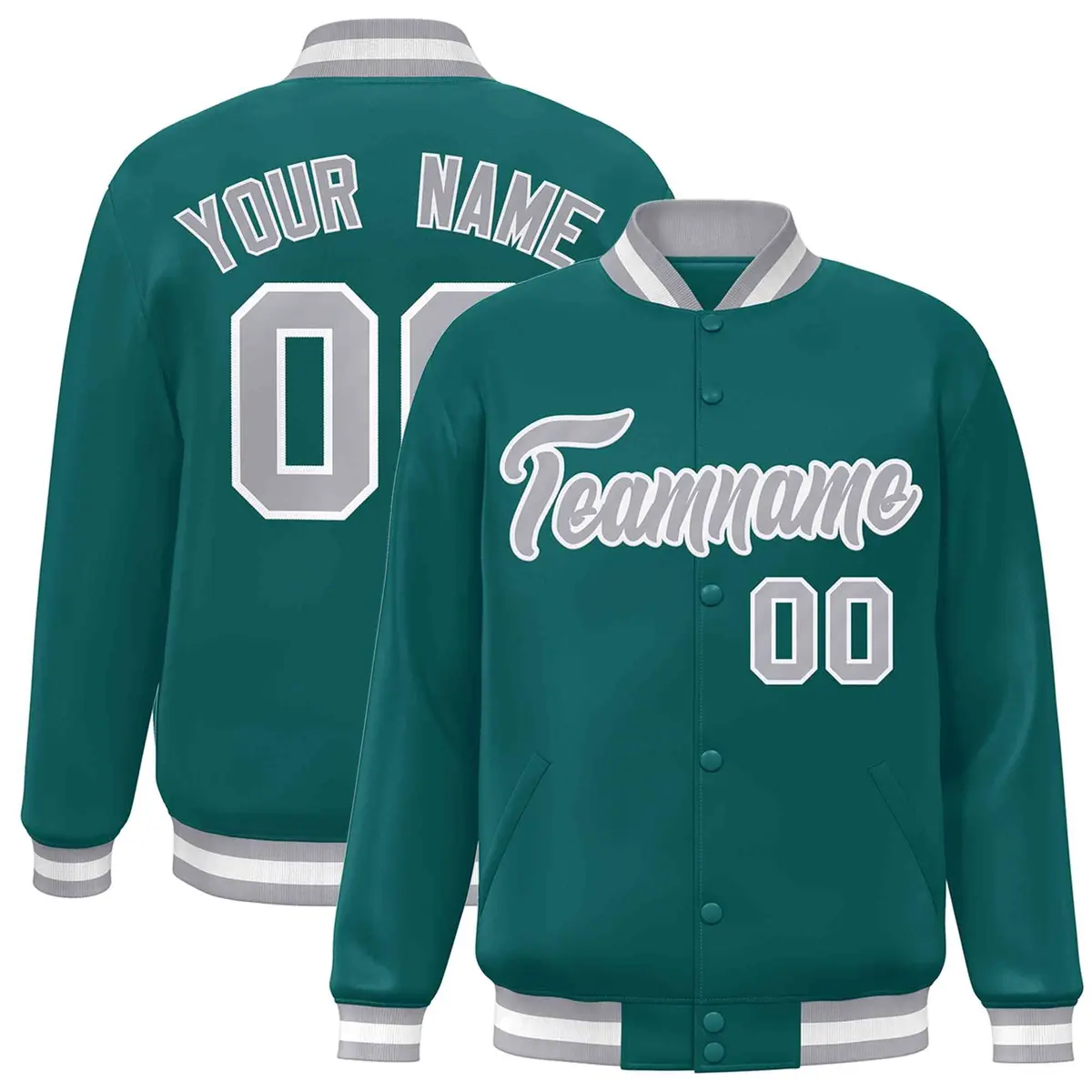 Aqua Gray-White Full-Snap Varsity Letterman Jacket