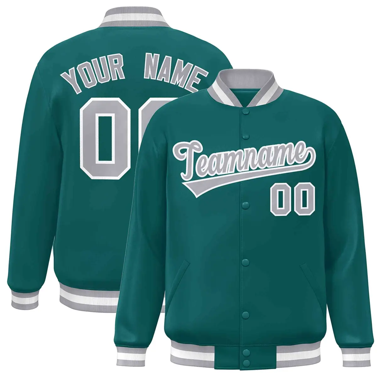 Aqua Gray-White Full-Snap Varsity Letterman Jacket