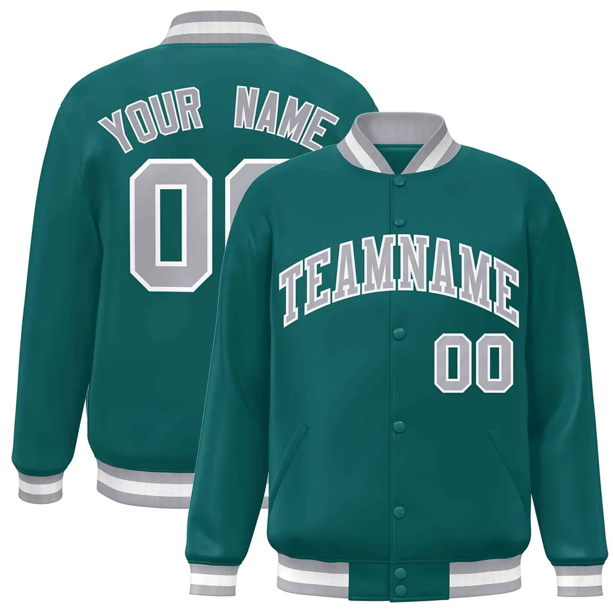 Aqua Gray-White Full-Snap Varsity Letterman Jacket