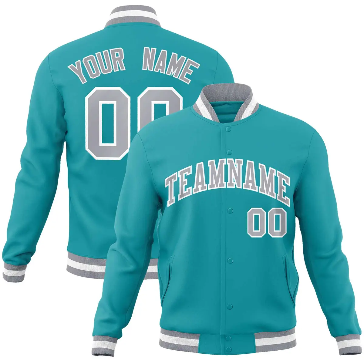 Aqua Gray-White Full-Snap Varsity Letterman Jacket
