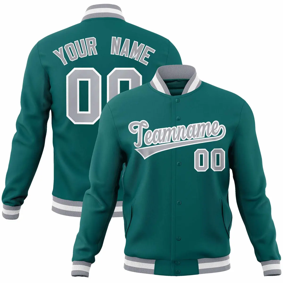 Aqua Gray-White Full-Snap Varsity Letterman Jacket