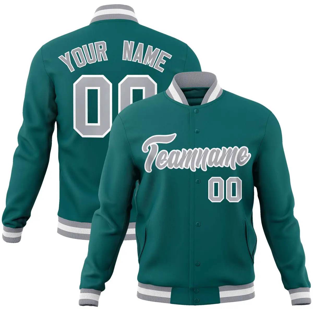 Aqua Gray-White Full-Snap Varsity Letterman Jacket