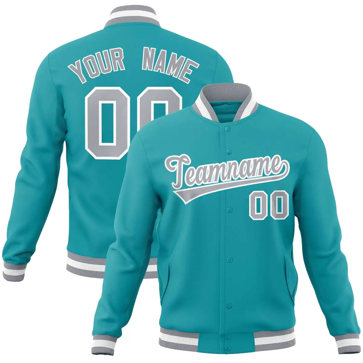 Aqua Gray-White Full-Snap Varsity Letterman Jacket