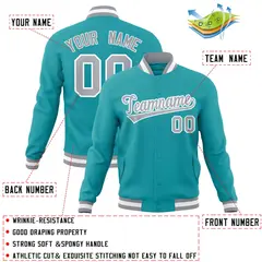 Aqua Gray-White Full-Snap Varsity Letterman Jacket 4