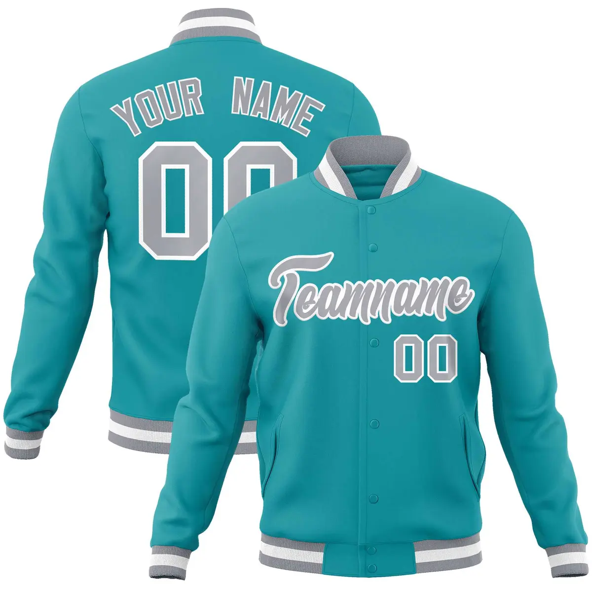 Aqua Gray-White Full-Snap Varsity Letterman Jacket
