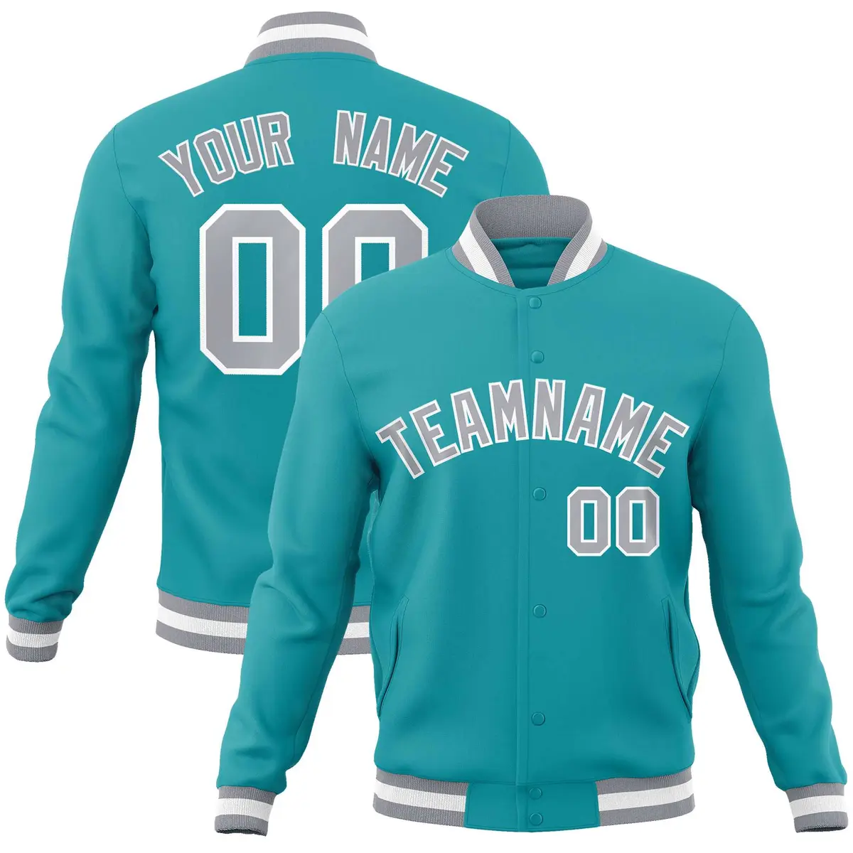 Aqua Gray-White Full-Snap Varsity Letterman Jacket
