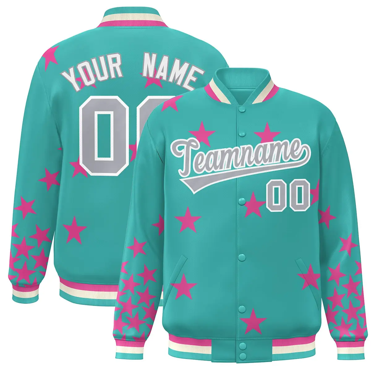 Aqua Gray-White Star Graffiti Varsity Full-Snap Bomber Jacket