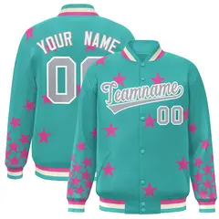 Aqua Gray-White Star Graffiti Varsity Full-Snap Bomber Jacket