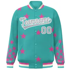 Aqua Gray-White Star Graffiti Varsity Full-Snap Bomber Jacket 3