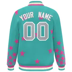 Aqua Gray-White Star Graffiti Varsity Full-Snap Bomber Jacket 4