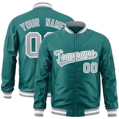 Aqua Gray-White Varsity Full-Zip Letterman Bomber Jacket 1