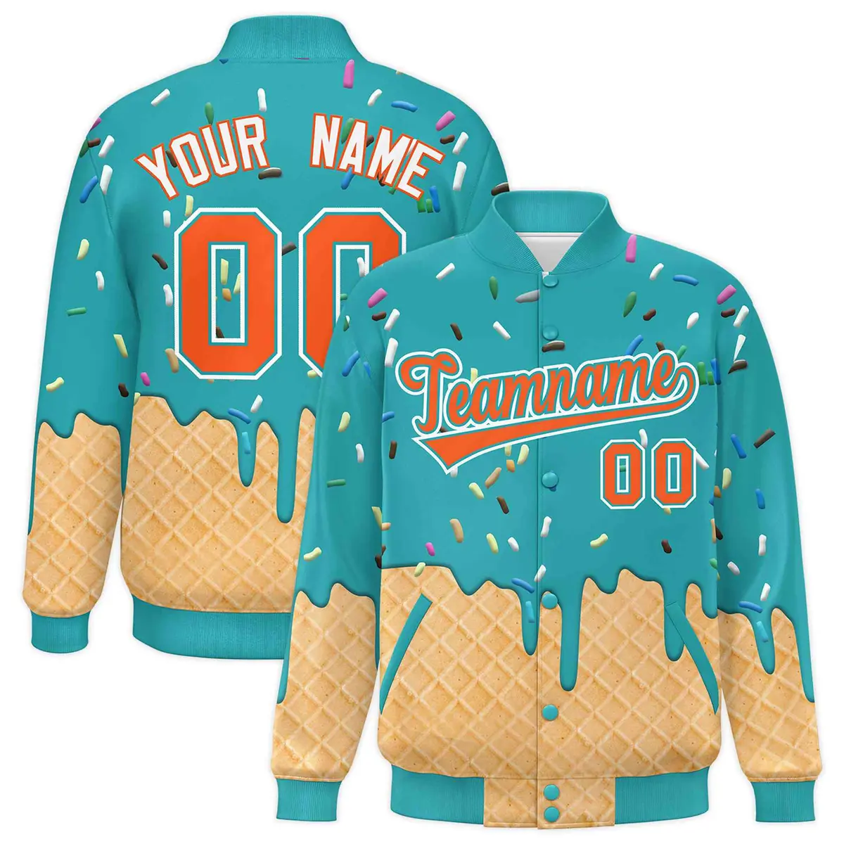 Aqua Ice Cream Cone Graffiti Full-Snap Varsity Letterman Jacket