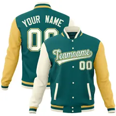 Aqua Khaki-Cream Raglan Full-Snap Varsity Letterman Jacket 1
