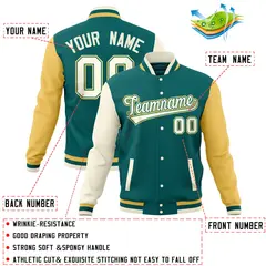 Aqua Khaki-Cream Raglan Full-Snap Varsity Letterman Jacket 4