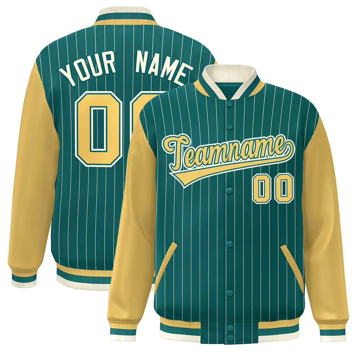 Aqua Khaki-White Stripe Varsity Bomber Jacket with Raglan Sleeves