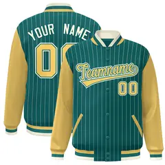 Aqua Khaki-White Stripe Varsity Bomber Jacket with Raglan Sleeves