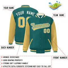 Aqua Khaki-White Stripe Varsity Bomber Jacket with Raglan Sleeves 2