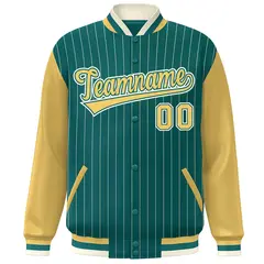 Aqua Khaki-White Stripe Varsity Bomber Jacket with Raglan Sleeves 3
