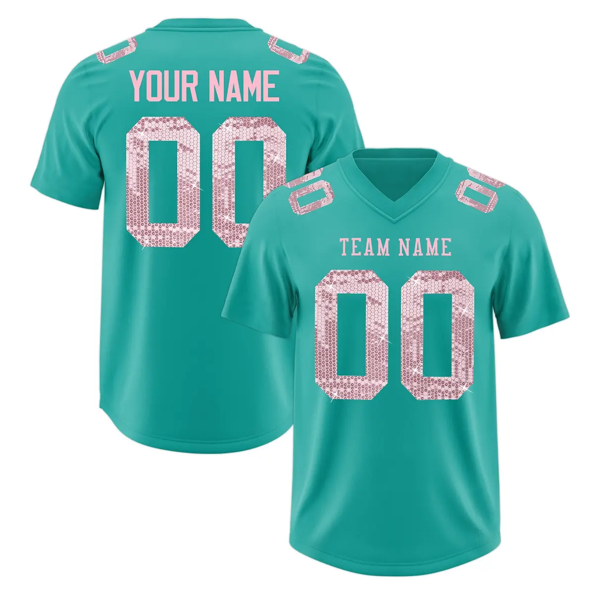 Aqua Light Pink Sequin Lettering Stretch Football Jersey
