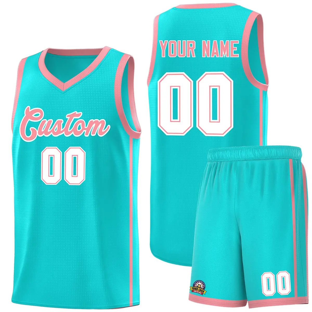 Aqua Light Pink-White Two Bar Side Sports Basketball Jersey