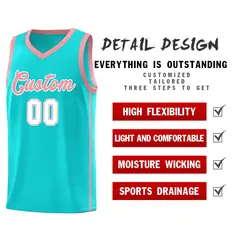 Aqua Light Pink-White Two Bar Side Sports Basketball Jersey 5