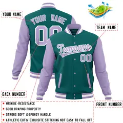 Aqua Light Purple Full-Snap Raglan Sleeves Letterman Jacket 4