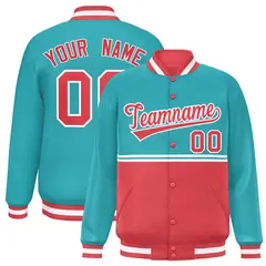 Aqua Light Red Color Block Varsity Full-Snap Letterman Jacket 1