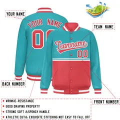Aqua Light Red Color Block Varsity Full-Snap Letterman Jacket 2