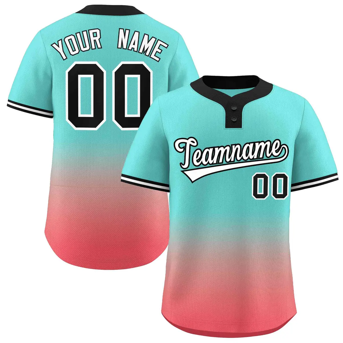 Aqua Light Red White-Black Gradient Two-Button Softball Jersey