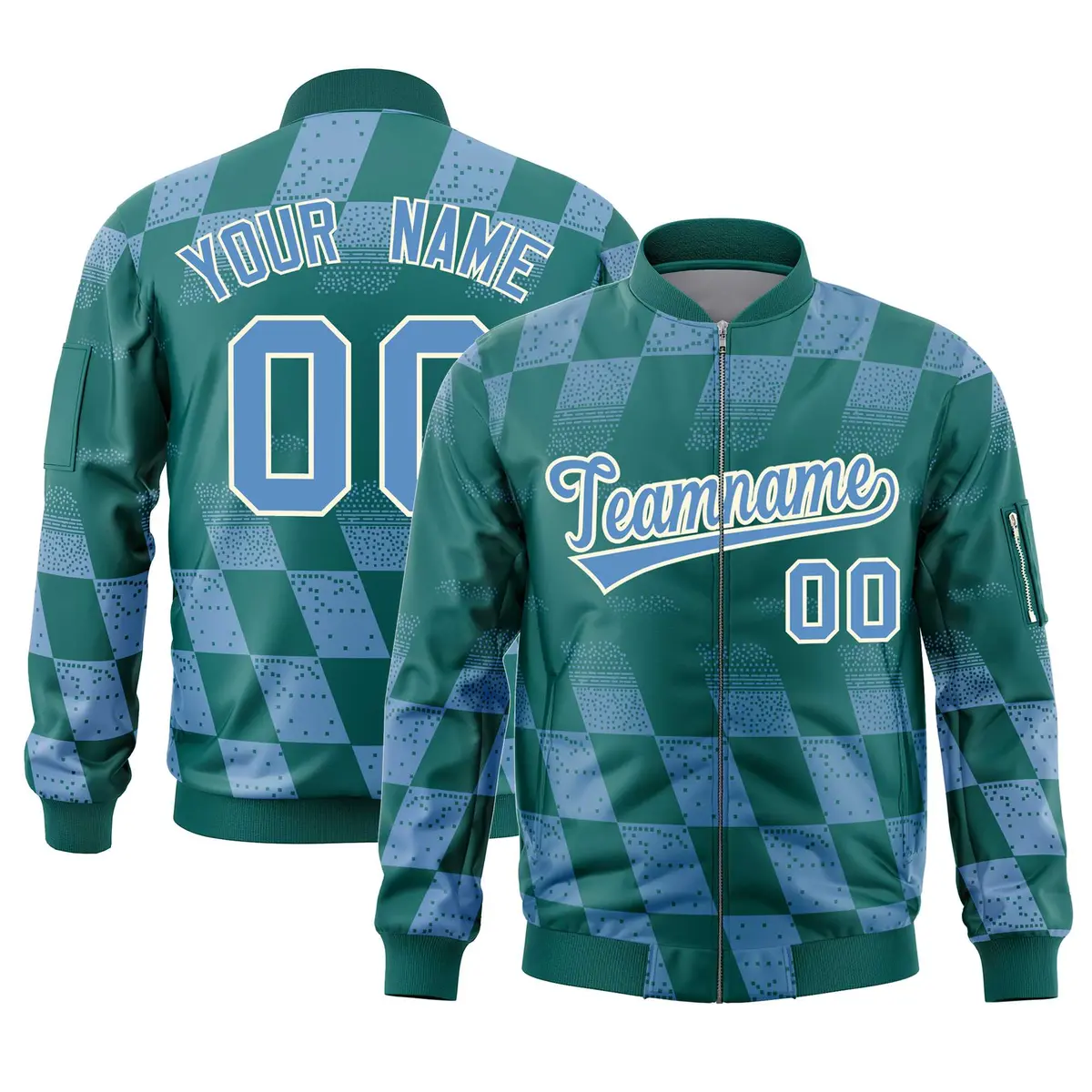 Aqua Lt Blue Grid Color Block Letterman Varsity Bomber Jacket